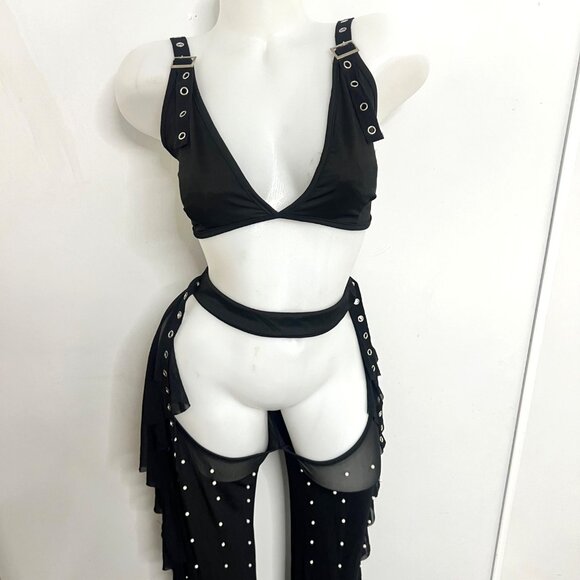 Sexy Black Sheer Mesh Pearl Embellished Two-Piece Set Ruffle Chaps Women Size XL - Picture 3 of 16